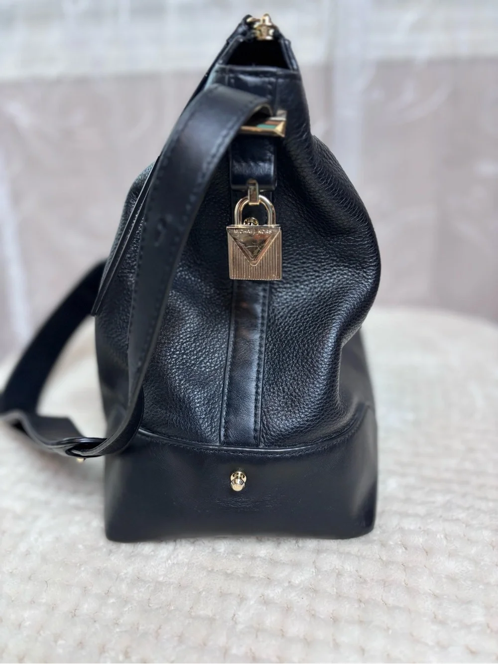 Michael Kors Black Pebbled Leather Hobo Shoulder Bag with Gold Hardware